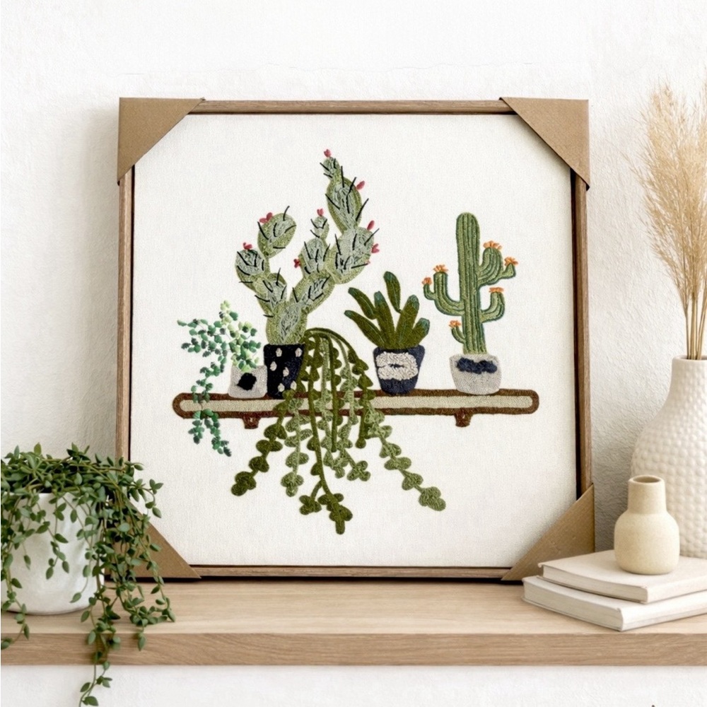 bp home-Embroidered Potted Cactus Shelf Wall Art - Green